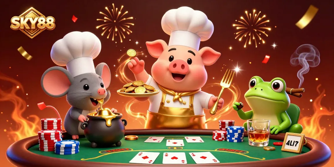 SKY88 chef pig serves gold coins with poker elements in a vibrant casino scene.