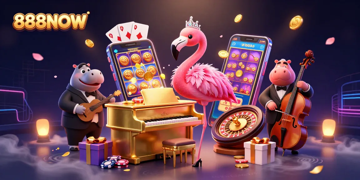 Experience the excitement of 888NOW, featuring a vibrant casino scene with animated characters and immersive gaming elements.