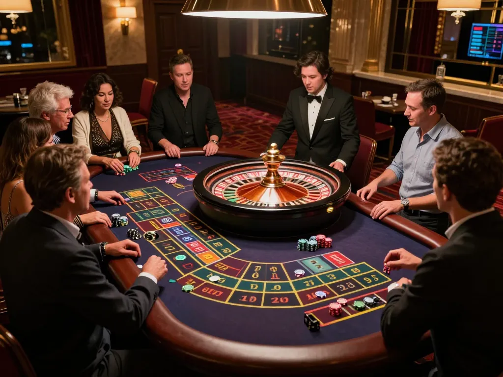 Players at the roulette table engaging with mb66 betting strategy in an upscale casino environment.