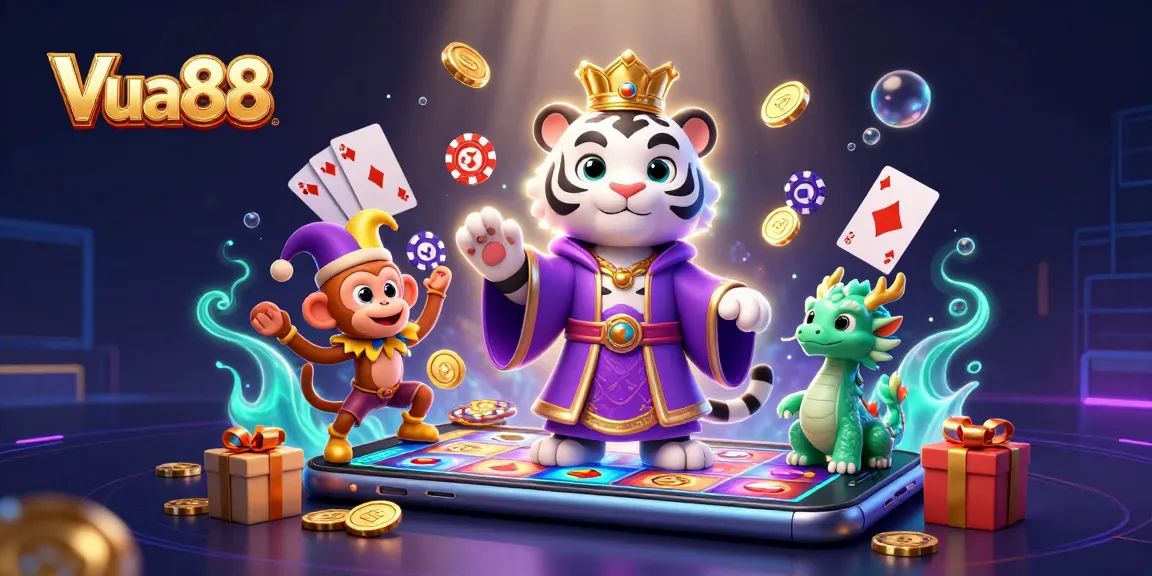Engage with Vua88's vibrant 3D illustration showcasing thrilling casino games and dynamic characters.