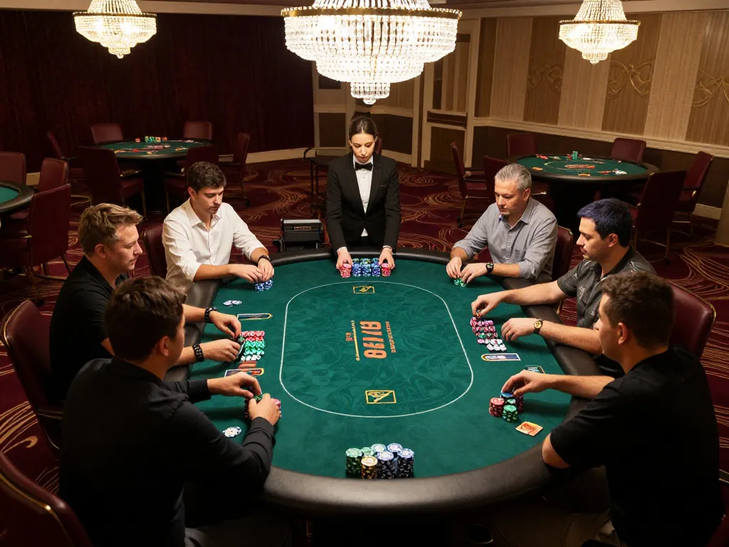 Players strategizing at the FIVE88 poker table in an upscale casino, vibrant chips and focused expressions.