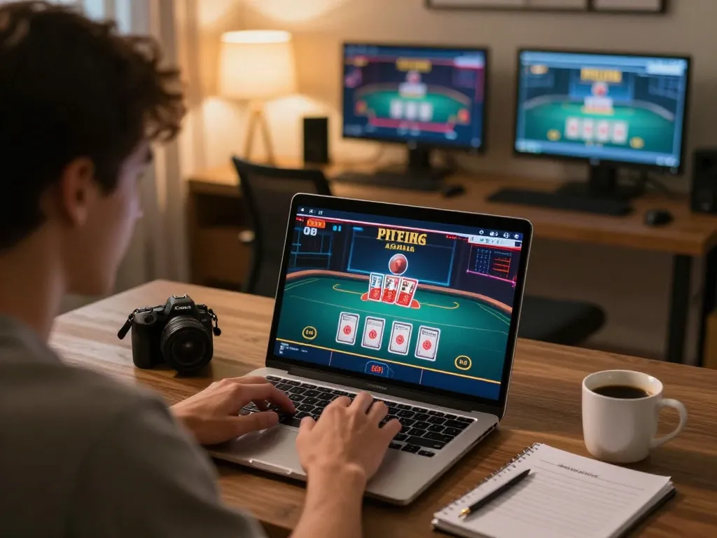 Engaged player analyzing live dealer game on lc88, showcasing strategic online gambling setup.