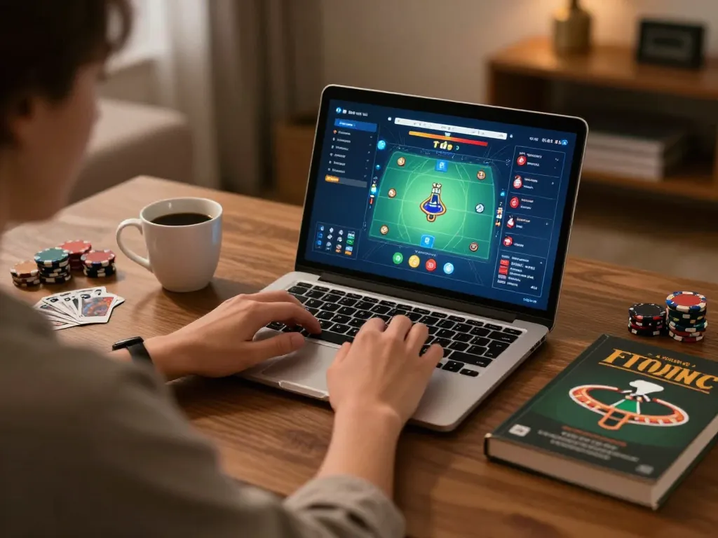 Engaged in online poker gameplay on au88 com, cozy home atmosphere with coffee and strategy notes.