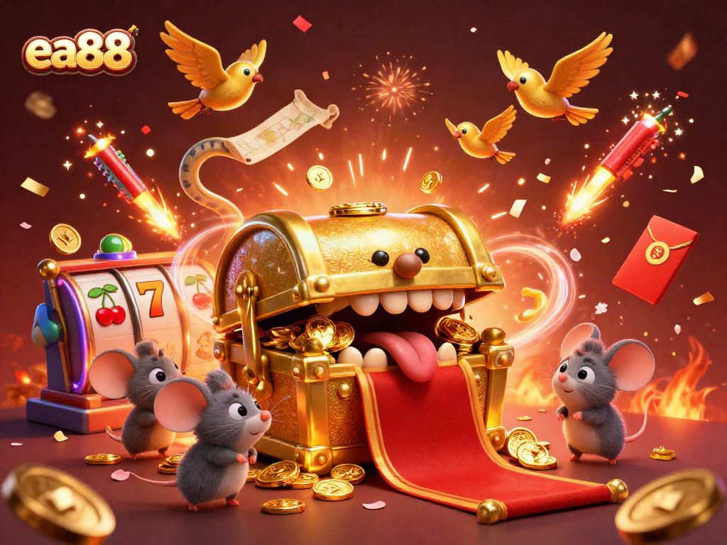 Experience the thrill of ea88 as adventurer mice are drawn to a golden treasure chest in a sparkling casino scene.