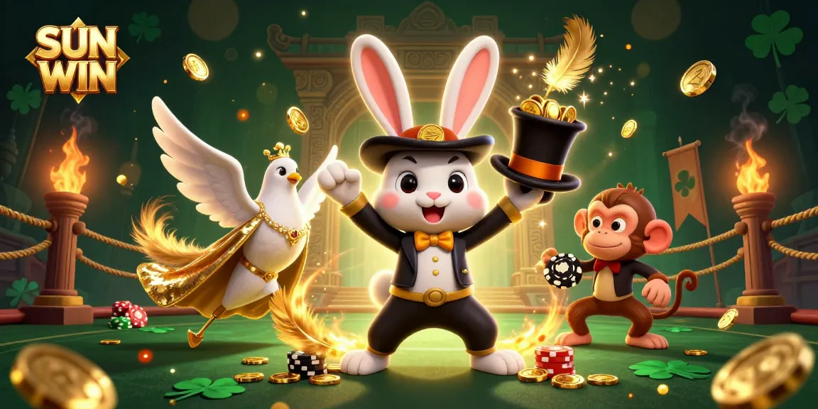 Spin and win with SUN WIN as the whimsical rabbit dazzles with golden coins in this lively casino scene.