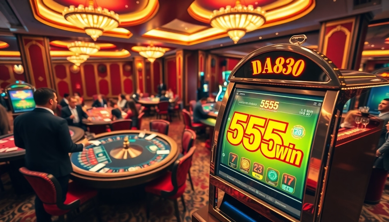 Players enjoying gambling at a 555win-branded slot machine in a luxurious casino.