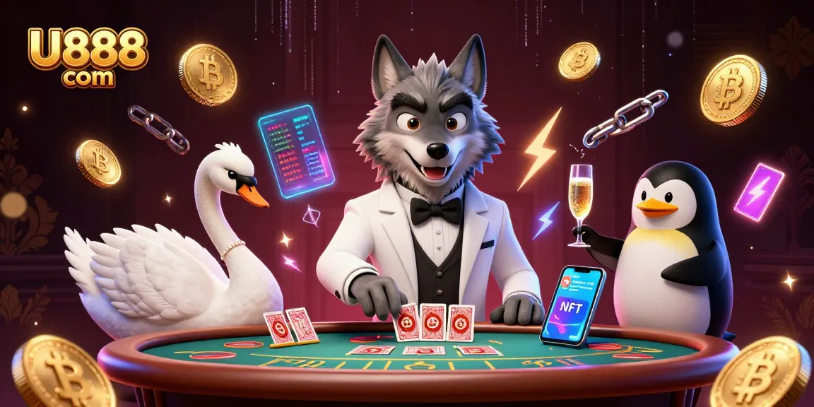 Engage in U888 com with a vibrant 3D casino scene featuring a debonair wolf and friends gaming at baccarat.