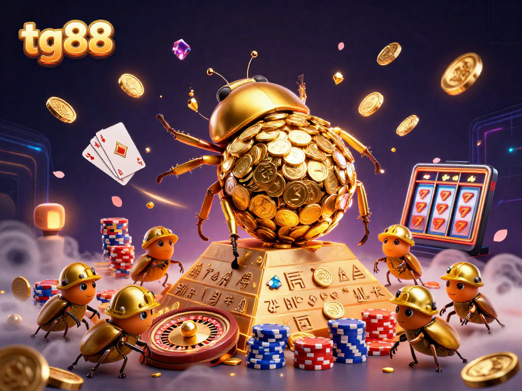 Watch the tg88 golden beetles roll in casino-themed excitement with vibrant game elements flying around.