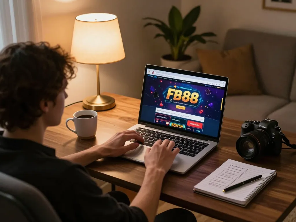 Engaging with fb88 online casino on a laptop, showcasing cozy home gaming atmosphere.