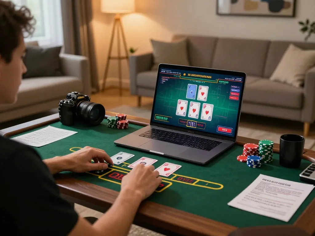 Player enjoying okwin online blackjack in a cozy living room gaming setup.