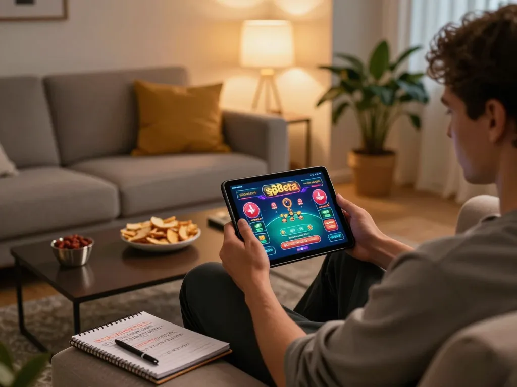 Player using the sp8beta app on a tablet in a cozy living room, emphasizing responsible gambling.