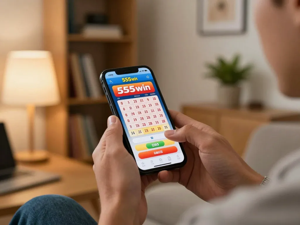 Engaging with the 555win app for online lottery betting in a cozy living room setting