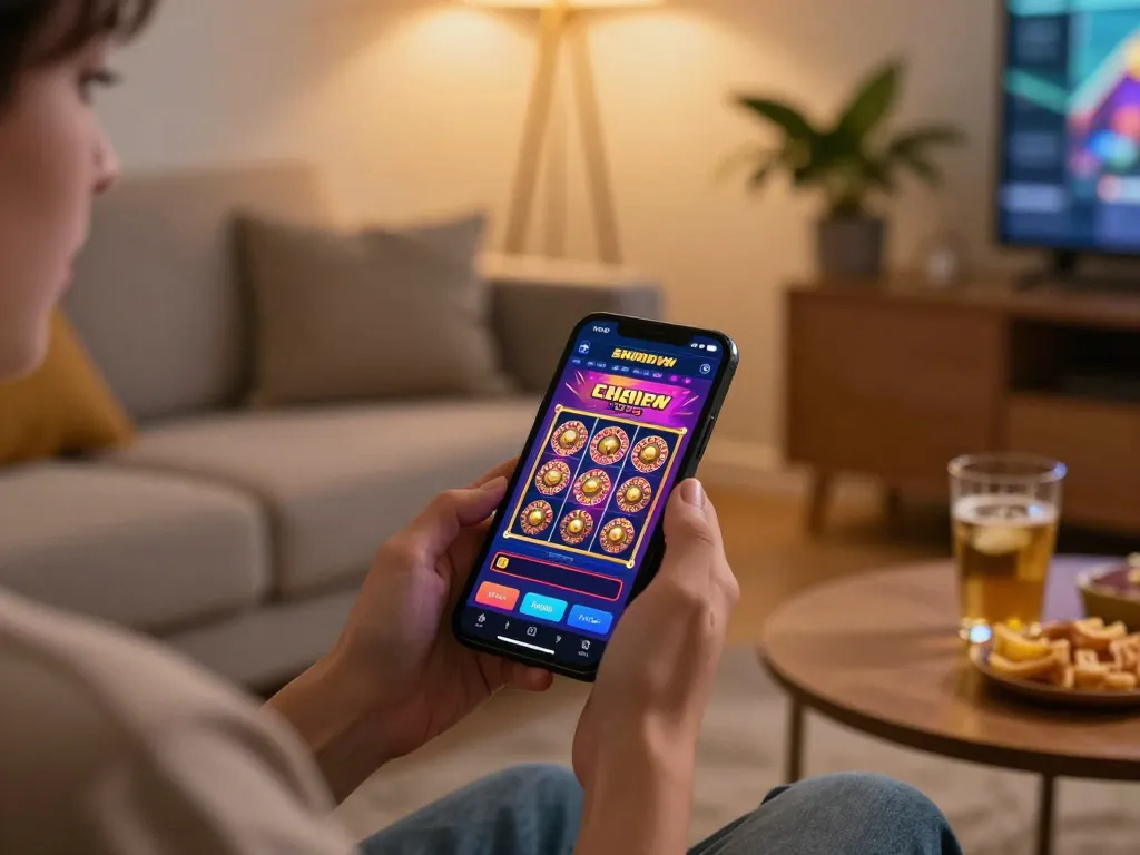Enjoying a winning spin on rr88 mobile casino app, showcasing vibrant game graphics in a cozy setting.