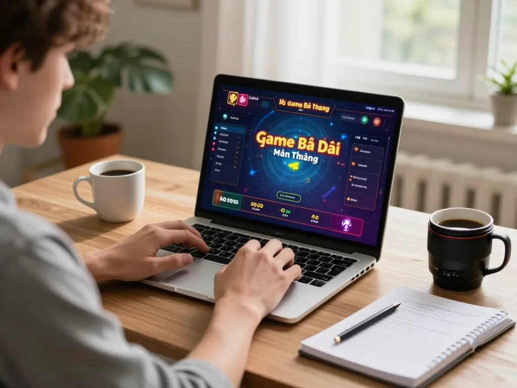 Engaging in Game Bài Đổi Thưởng on a laptop in a cozy home office with strategic notes.