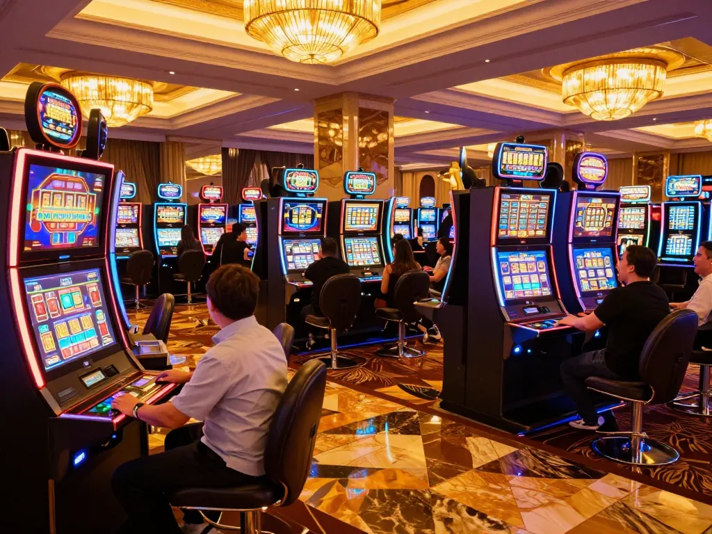 Players enjoying slot machines at uu8855 casino, celebrating wins in an exciting atmosphere.