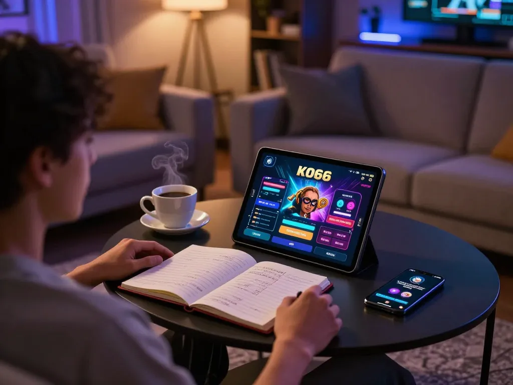 Engaging with KO66 casino app on tablet at home, showcasing responsible gaming.