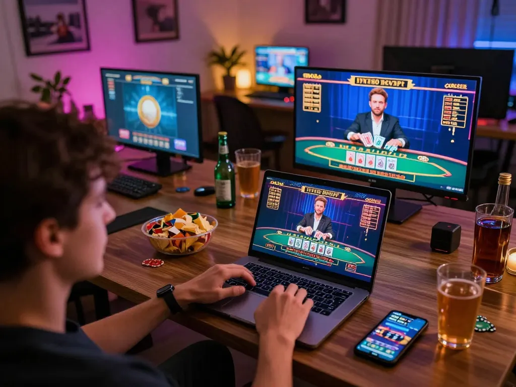 Engaged player exploring live dealer games on 789club from a cozy home setup, showcasing immersive online gaming.