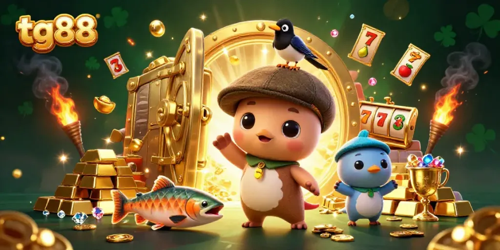 Experience tg88's vibrant casino theme with 3D characters in an immersive golden treasure scene.