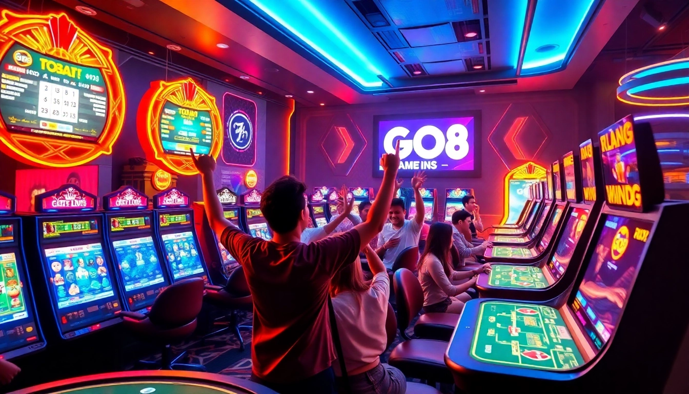Exciting GO8 online gaming experience with diverse players celebrating wins and vibrant casino atmosphere.