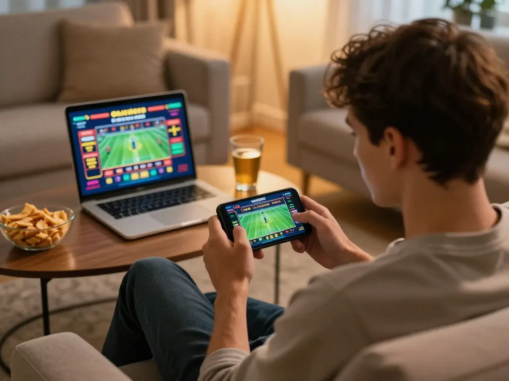 Player using smartphone for online sports betting at nhà cái jun88 while relaxing at home.
