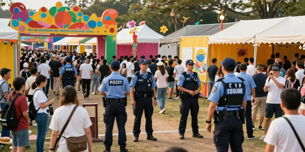 "Event Security team ensuring safety at a local outdoor festival, providing professional community service."