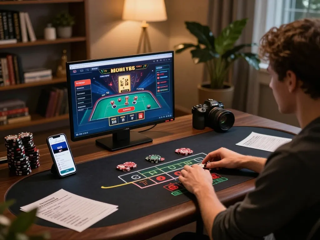 Engaging in online blackjack at home with dn88 betting strategy notes nearby, creating a focused gaming atmosphere.
