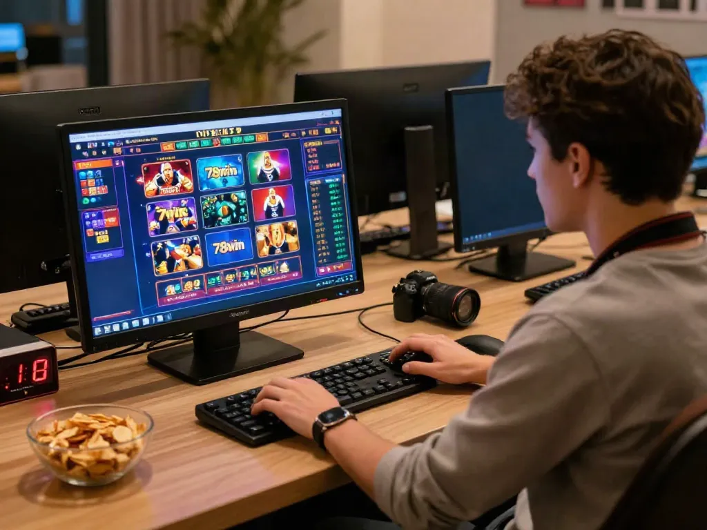 Interactive 78win gaming experience in a cozy room with vibrant graphics