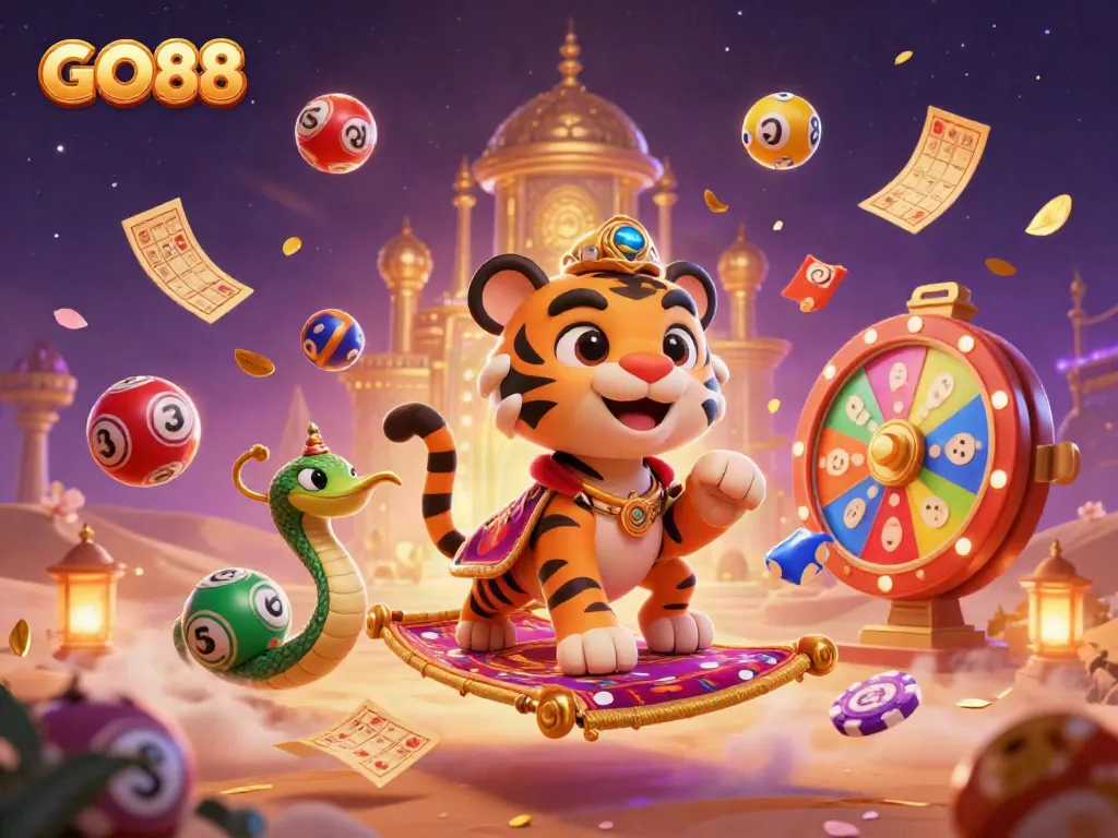 Engage with GO88, where the tiger sultan navigates a magical carpet in a vibrant 3D casino scene filled with prizes.