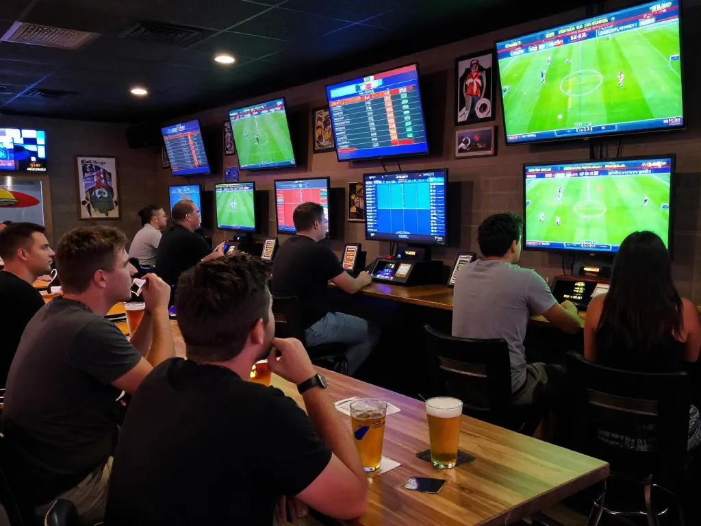 Kết quả bóng đá displayed on multiple screens as patrons enjoy sports betting excitement at a lively bar