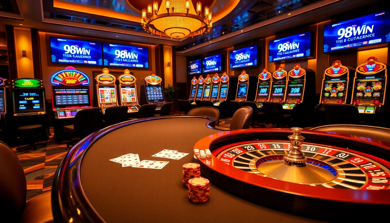 Engage with 98Win's exciting online casino experience featuring poker tables and slot machines.