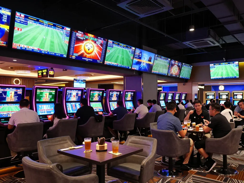 Bongdalu sports betting lounge showcasing live scores and eager bettors strategizing their wagers