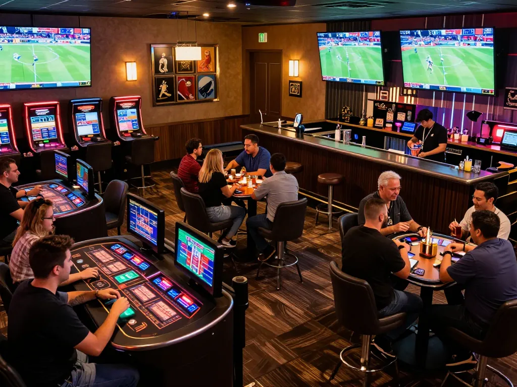 Engaged sports bettors placing wagers at lively Ok9 casino sports bar, showcasing excitement and camaraderie.
