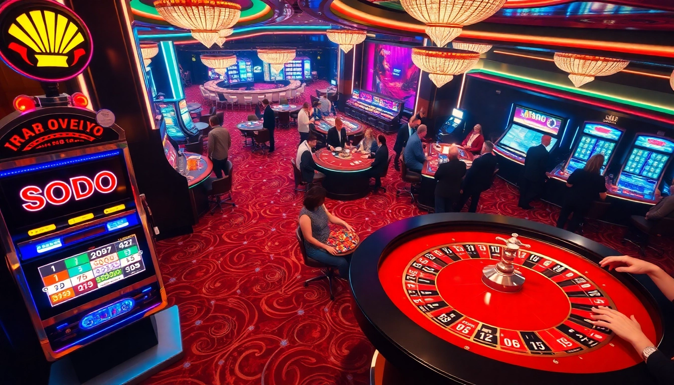 SODO casino scene featuring a roulette table, vibrant players, and luxury atmosphere.