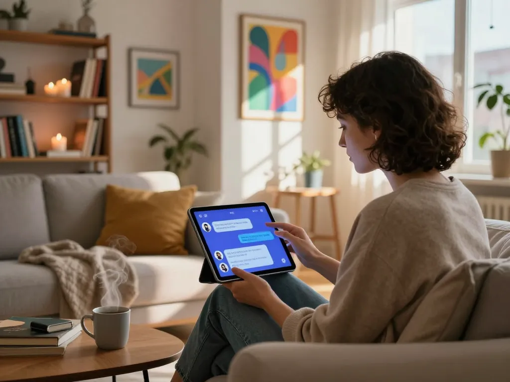 Person experiencing ai sex chat on a tablet in a cozy modern apartment.