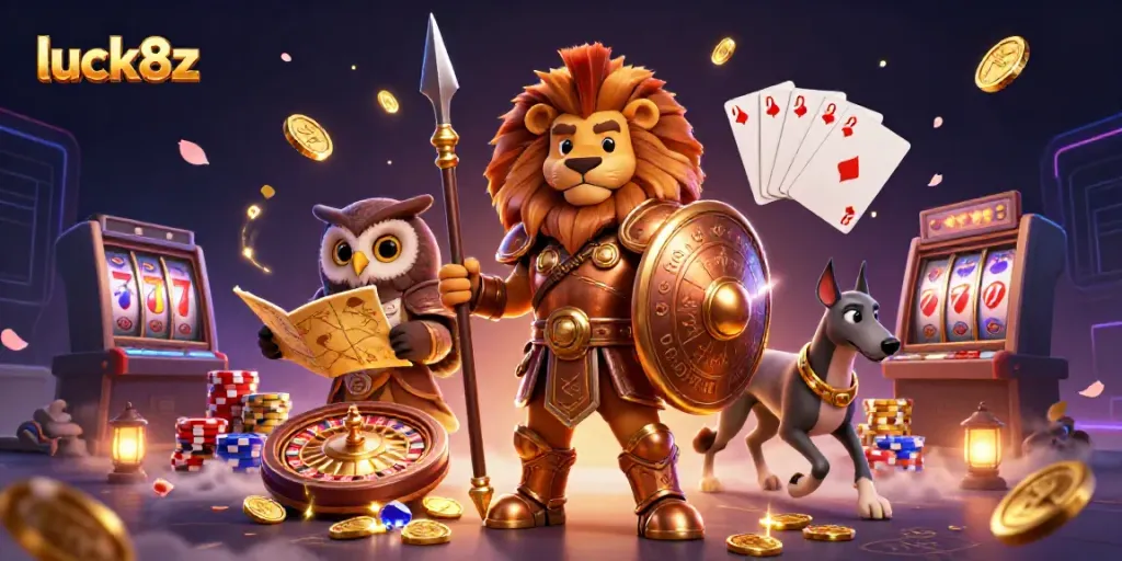 Engage in thrilling gaming action with luck8z as a Spartan lion, tactical owl, and swift greyhound flourish amidst cascading coins and roulette excitement.