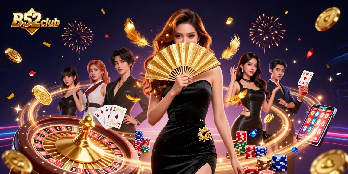 B52club offers an exciting gaming experience with a stunning Asian woman surrounded by slots and classic casino elements.