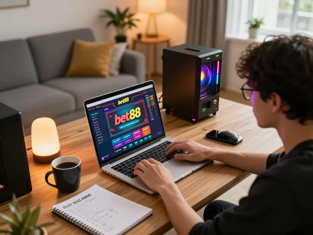Explore gameplay strategies on bet88's online casino platform in a cozy home setting