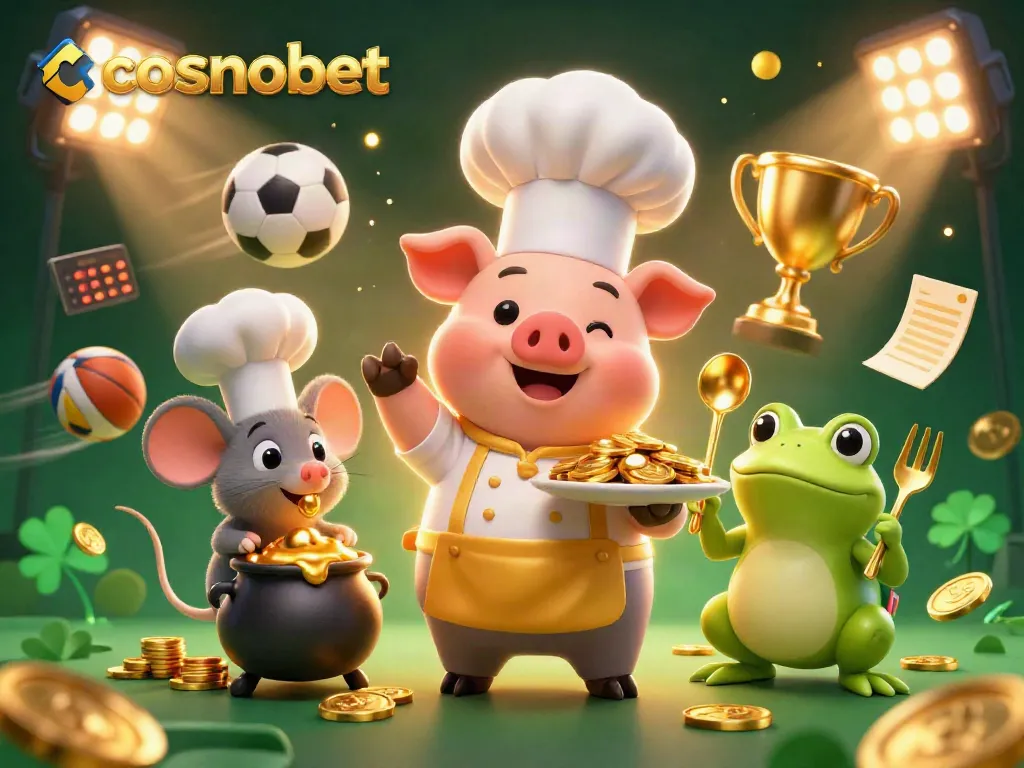 Experience the thrill of cosmobet with a golden feast served by cartoon chef pig, surrounded by exciting sports elements.
