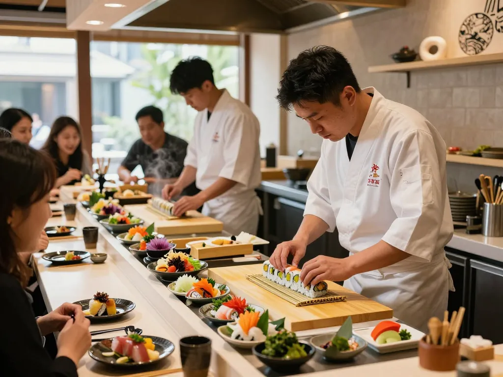 Freshly prepared sushi rolls at RED88 Asian Bistro showcasing vibrant ingredients in a lively kitchen atmosphere.