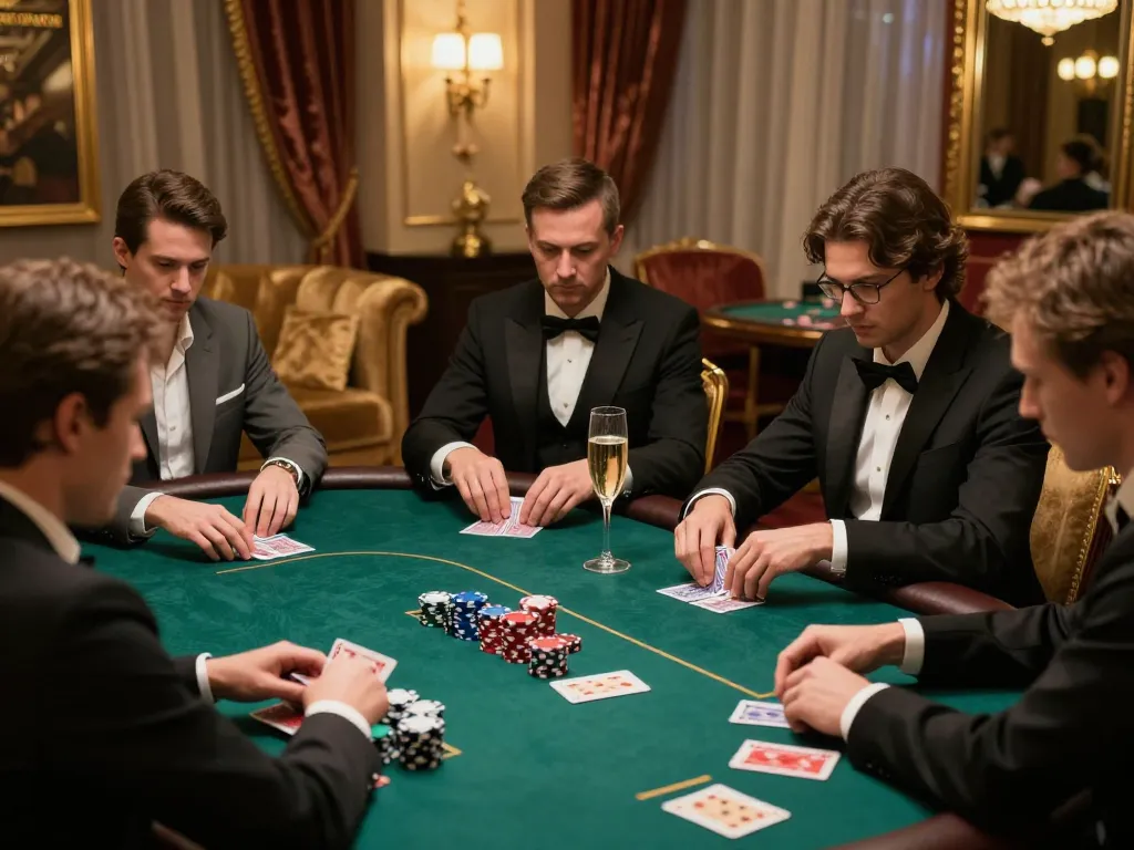 LC88 players strategizing in a luxurious poker room, highlighting high-stakes gaming.