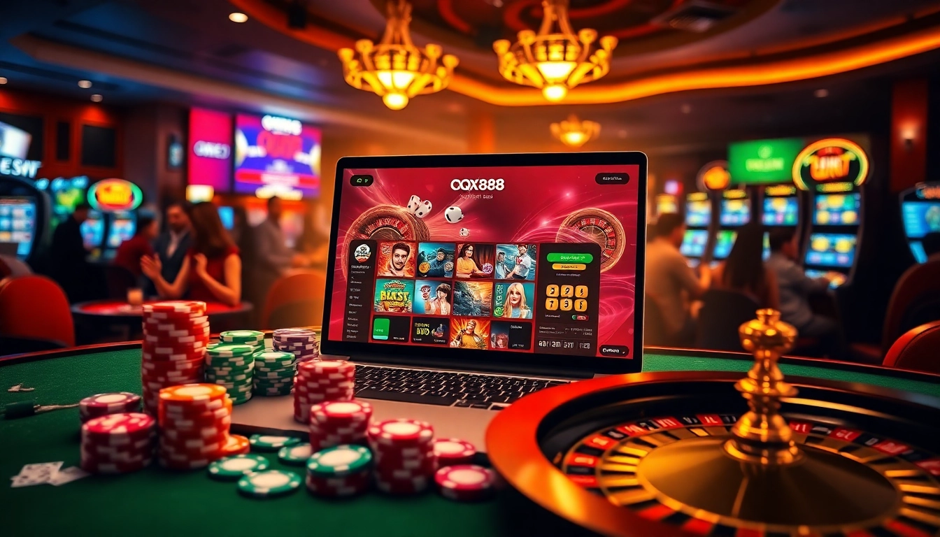 Experience the excitement of QQ88 with vibrant poker chips on a luxurious casino table.