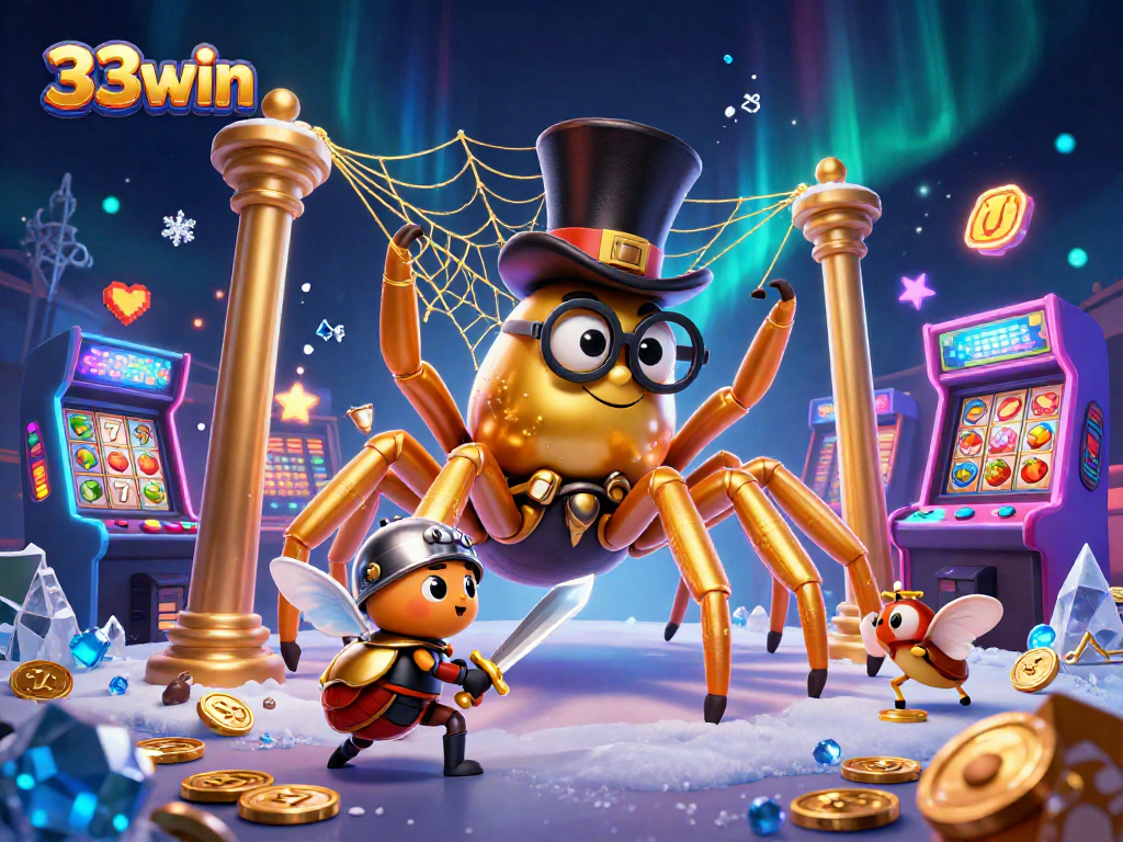 Engage with the thrilling world of 33win as the beetle knight challenges the golden tarantula in a vibrant casino scene.