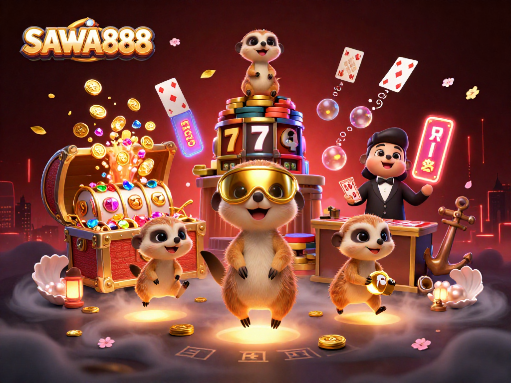 Experience thrilling gameplay with SAWA888’s unique casino scene featuring meerkats and colorful slots.