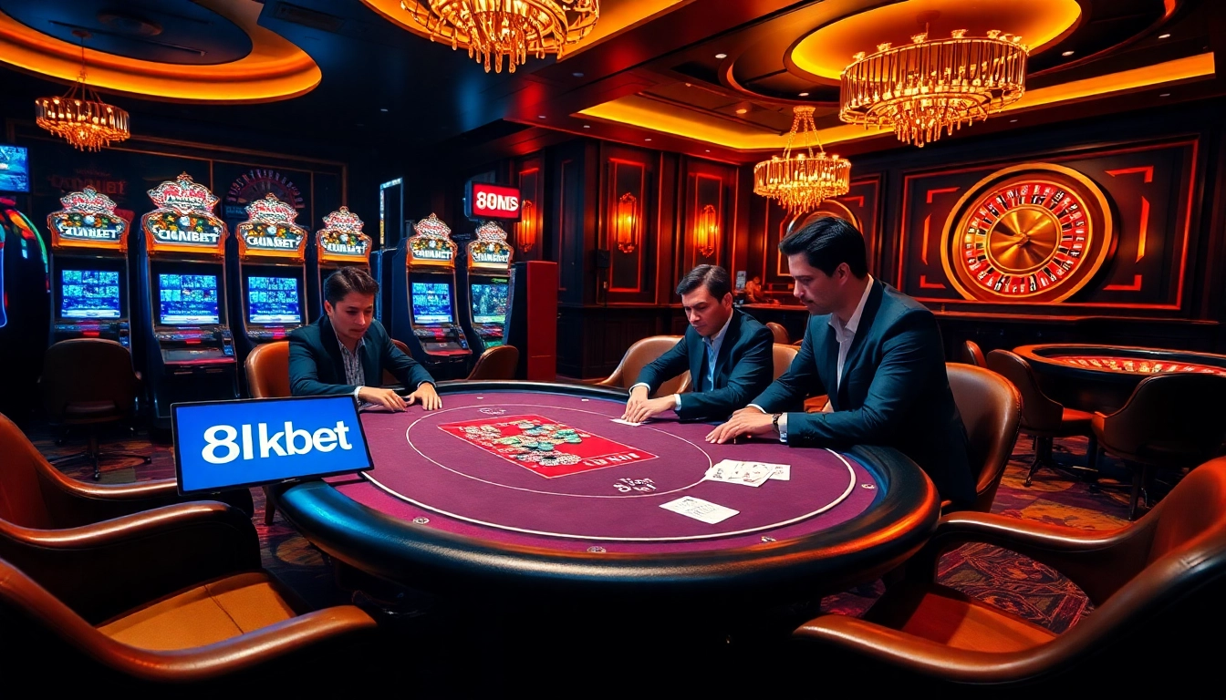 Exciting casino scene showcasing a poker game and slot machines highlighting 8kbet action.