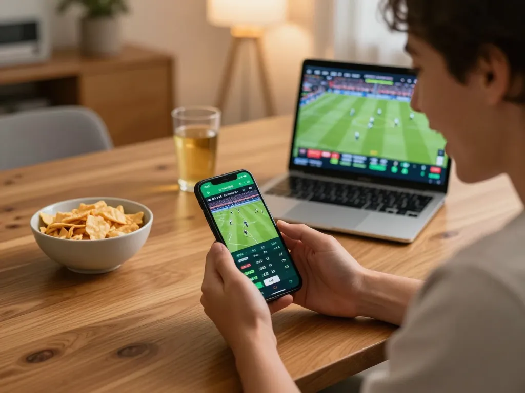 1GOM sports betting app showcased on smartphone during a live football match in a cozy home setting.