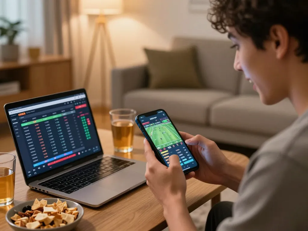 Person using SBOTOP for mobile sports betting, analyzing stats and enjoying home gaming.