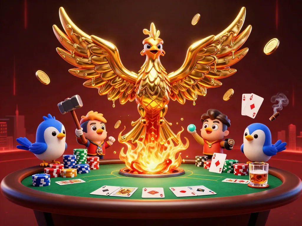 Win big at iwin with our golden phoenix emerging from a poker-themed scene filled with excitement.