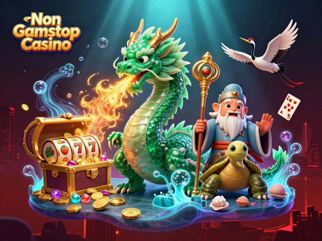 Engage with Non Gamstop Casino: A vibrant scene featuring a jade dragon, turtle sage, and lucky cranes.