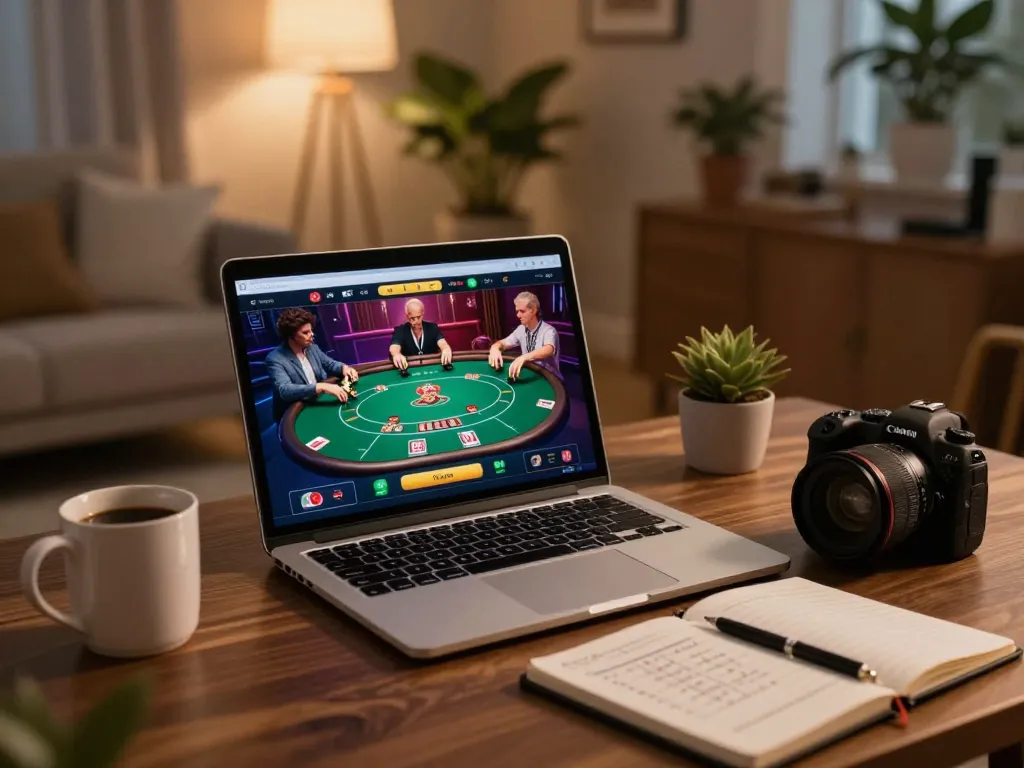 Person engaged in online poker gameplay on 7M, surrounded by strategy notes and warm lighting, capturing a cozy gaming atmosphere