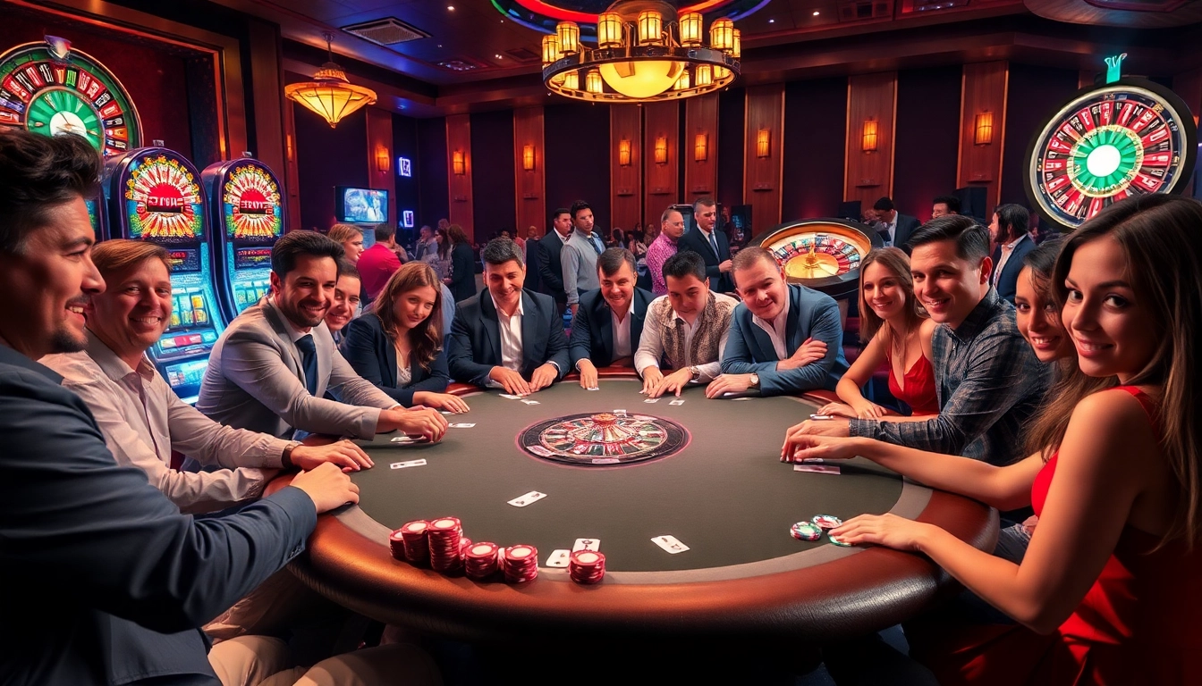 Gamblers enjoying a luxurious poker game at 68VIP casino with vibrant chips and cards.